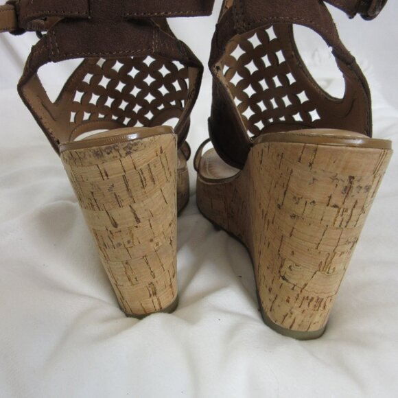 Franco Sarto Cameron Ankle Strap Sandals Wedge Brown Leather Laser Cut Size 6 - Picture 7 of 11